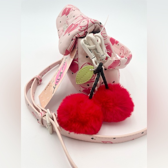 BETSEY JOHNSON Pink Bow LBCORAL Cherries Hearts Crossbody Purse‎ with Pom Pom - Picture 2 of 9